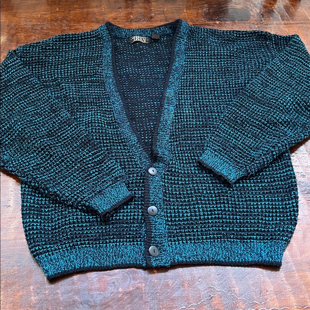 STREET CLOSED V-Neck Buttoned Cardigan Sweater Marled Black/Teal Knit Men's XL